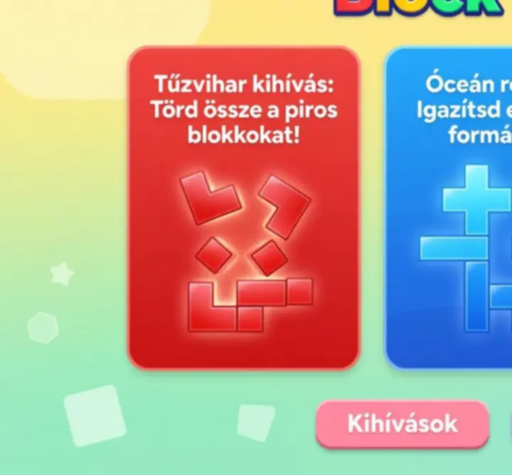 Block Blast napi kihívás-választó képernyő interaktív kihívás-kártyákkal