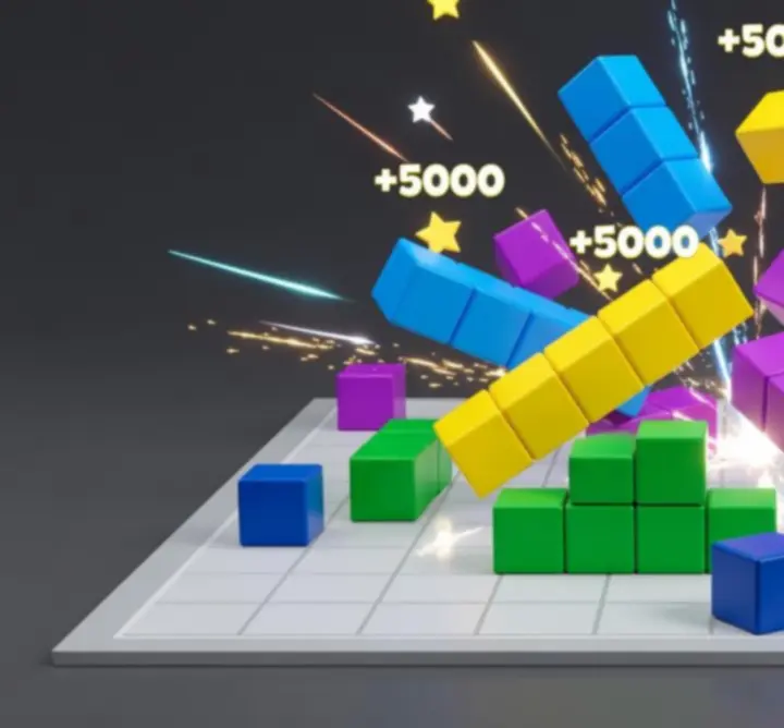 Block Blast játéktábla színes blokkokkal és egy aktív kombóval