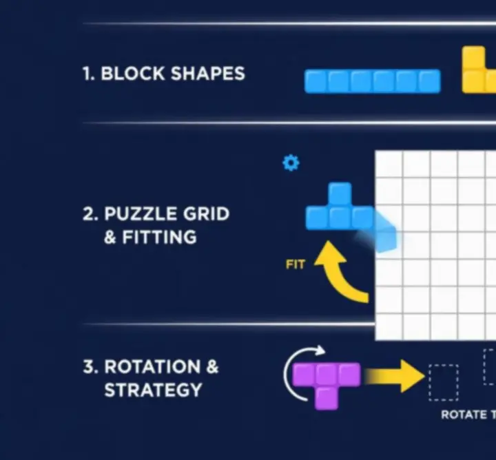 Infografika, amely bemutatja a Block Blast játékmenetét és a különböző blokktípusokat